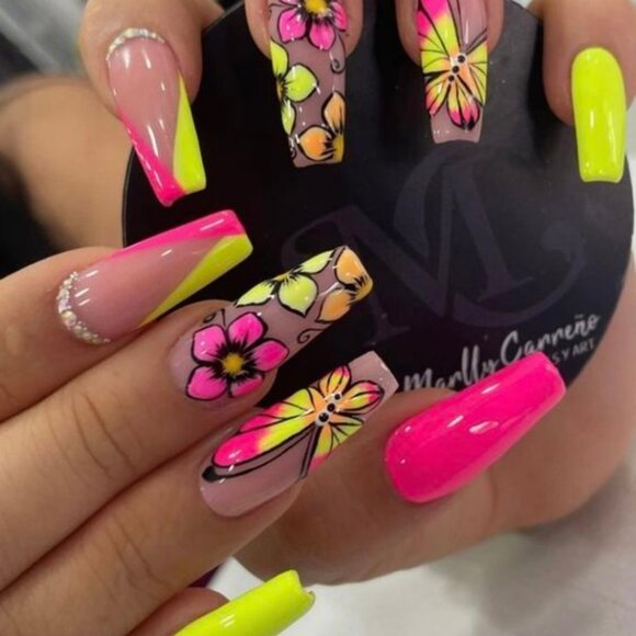Other - Neon Floral Butterfly Press On Nails Pink Yellow Nude Summer Design Nails